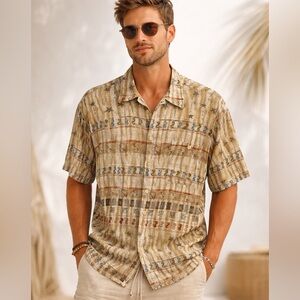 Vintage Cacharel Men's Beige Patterned Shirt size large linen blend